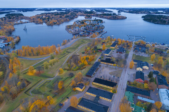 View of Saimaa Lake  from the side of the ancient fortress of the city of Lappeenranta on a October cloudy day (aerial photography). Finland