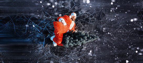 Santa Claus on ice skates goes to Christmas. Santa Claus hurries to meet the New Year with gifts...