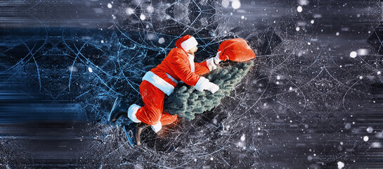 Santa Claus on ice skates goes to Christmas. Santa Claus hurries to meet the New Year with gifts and Christmas tree.