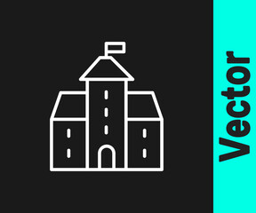 White line Castle icon isolated on black background. Medieval fortress with a tower. Protection from enemies. Reliability and defense of the city. Vector.