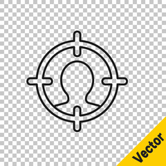 Black line Head hunting icon isolated on transparent background. Business target or Employment sign. Human resource and recruitment for business. Vector.