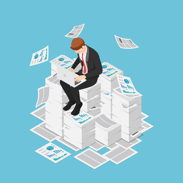 Isometric businessman working with laptop on the piles of papers and documents