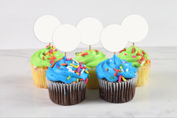 Colorful blue and green cupcake topper mockup