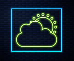Glowing neon line Sun and cloud weather icon isolated on brick wall background. Vector.