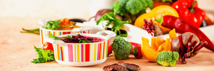 Concept of healthy vegetable and legume soups.