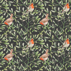Beautiful seamless pattern with watercolor mistletoe plant leaves with robin birds. Stock illustraqtion.