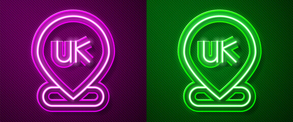 Glowing neon line Location England icon isolated on purple and green background. Vector.