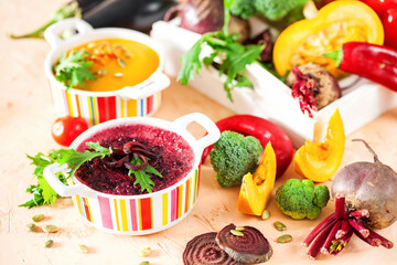 Fototapeta na wymiar Concept of healthy vegetable and legume soups.