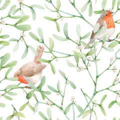 Beautiful seamless pattern with watercolor mistletoe plant leaves with robin birds. Stock illustraqtion.
