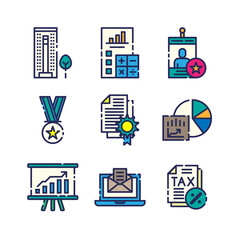 Business success icons set. Icons for business, management, finance, strategy, planning, social network, marketing. Created on pixel grid 64 x 64 pixel.