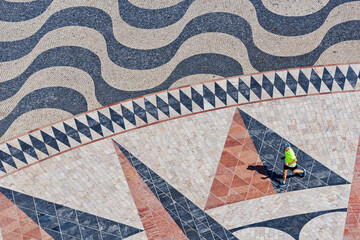 aerial View of the Mosaic World Map showing the discoveries , Belem, Lisbon, Portugal