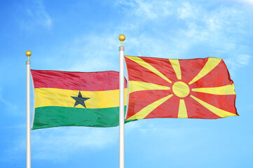 Ghana and North Macedonia two flags on flagpoles and blue sky
