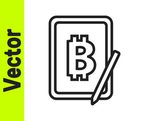Black line Mining bitcoin from graphic tablet icon isolated on white background. Cryptocurrency mining, blockchain technology service. Vector.