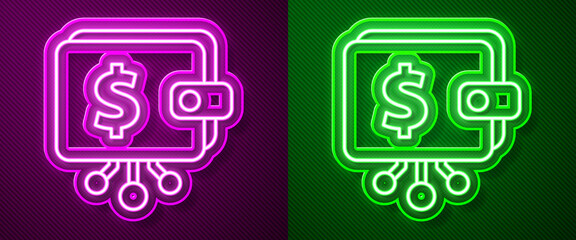 Glowing neon line Cryptocurrency wallet icon isolated on purple and green background. Wallet and bitcoin sign. Mining concept. Money, payment, cash, pay icon. Vector.