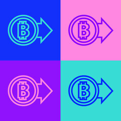 Pop art line Cryptocurrency coin Bitcoin icon isolated on color background. Physical bit coin. Blockchain based secure crypto currency. Vector.