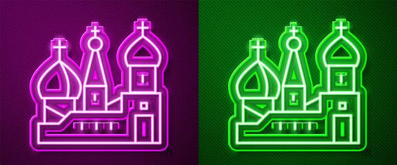 Glowing neon line Moscow symbol - Saint Basil's Cathedral, Russia icon isolated on purple and green background. Vector.