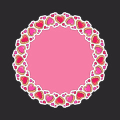 Heart shaped yummy desserts round frame with space for text isolated on dark background. Colorful vector illustration for Valentine’s Day, birthday party, wedding, food fests and other designs.
