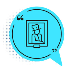 Black line Portrait picture in museum icon isolated on white background. Blue speech bubble symbol. Vector.