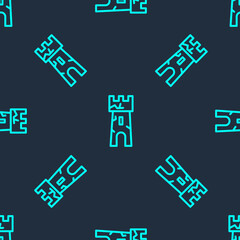 Green line Castle tower icon isolated seamless pattern on blue background. Fortress sign. Vector.
