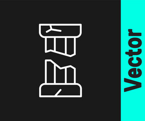 White line Broken ancient column icon isolated on black background. Vector.