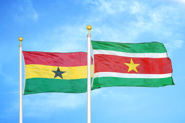 Ghana and Suriname two flags on flagpoles and blue sky