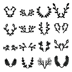 Tree Branches Hand drawn Symmetrically Vintage Design. Set of vector circular laurel. Leaves round frames. Foliate, wheat oak wreaths depicting an award, achievement, heraldry, nobility illustration. 