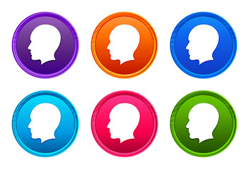 Head man face icon luxury bright round button set 6 color vector