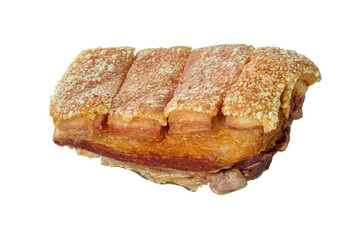 Close up view of a piece of Chinese roasted pork belly on wihte background.