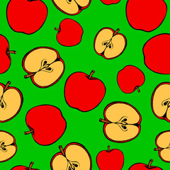 Seamless pattern with hand drawn fruits elements apple. Vegetarian wallpaper. For design packaging, textile, background, design postcards and posters.