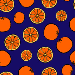 Obraz premium Seamless pattern with hand drawn fruits elements orange. Vegetarian wallpaper. For design packaging, textile, background, design postcards and posters.