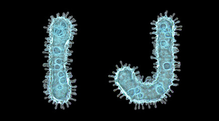Set of letters made of virus isolated on black background. Capital letter I, J. 3d rendering. Covid font