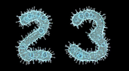 Alphabet made of virus isolated on black background. Set of numbers 2, 3. 3d rendering. Covid font
