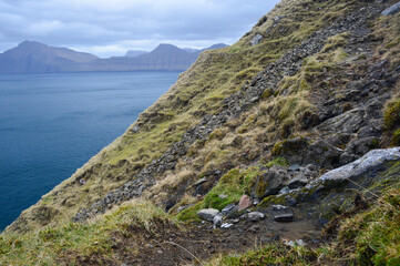 Amazing view in Faroe Islands (Denmark, Europe). Beautiful Panoramic Scene Of Nordic Islands