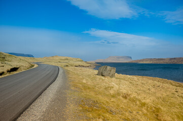 Amazing view in Faroe Islands (Denmark, Europe). Beautiful Panoramic Scene Of Nordic Islands