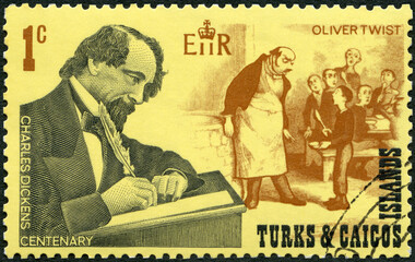 TURKS AND CAICOS ISLANDS - 1970: shows writer Charles Dickens (1812-1870), English novelist and illustrations from Oliver Twists, 1970 - obrazy, fototapety, plakaty