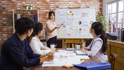 Fototapeta premium Female trainer invite willing worker come to flipchart present idea. asian man and women colleagues brainstorm at training show activity taking part in team building meeting. Cooperation concept