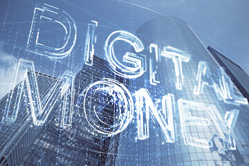 Double exposure of crypto currency theme hologram drawing and city veiw background. Concept of...