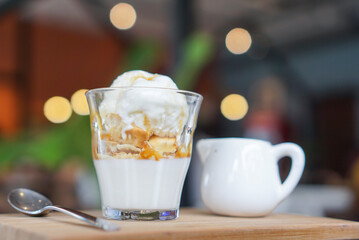 Vanilla Panna Cotta with ice cream and cracker. close up.