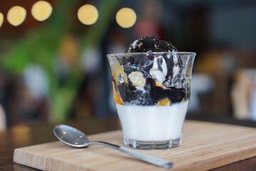 Vanilla Panna Cotta with ice cream and cracker topped with cocoa sauce. close up.