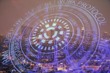Data theme hologram drawing on city view with skyscrapers background double exposure. Ai concept.