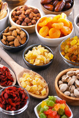 Composition with dried fruits and assorted nuts. Delicacies