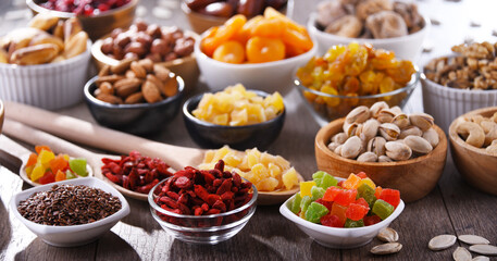 Composition with dried fruits and assorted nuts. Delicacies