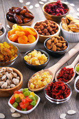Composition with dried fruits and assorted nuts. Delicacies