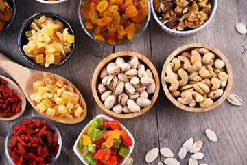 Composition with dried fruits and assorted nuts. Delicacies