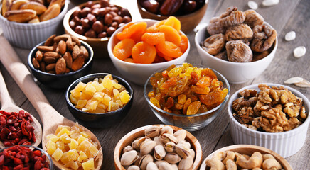 Composition with dried fruits and assorted nuts. Delicacies