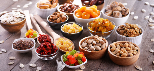 Composition with dried fruits and assorted nuts. Delicacies