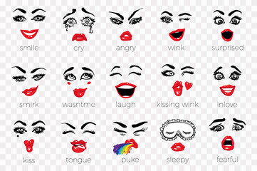 Set of fashion woman emotional face: sleepy, kissing wink, wink, fearful, inlove, surprised, laugh, angry, puke, wasn't me, tongue, cry, smirk, smile. Vector emoticons, emoji, smiley icons, characters
