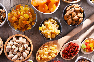 Composition with dried fruits and assorted nuts. Delicacies