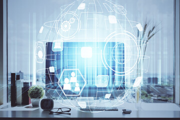Computer on desktop with social network hologram. Double exposure. Concept of international people connections.