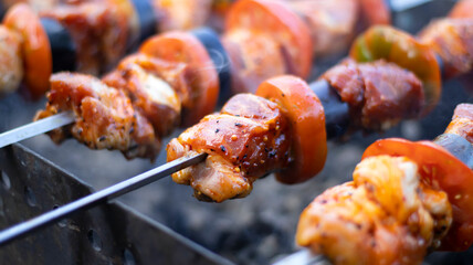 Juicy shish kebab in the grill outdoors, pieces of meat on coals, close-up. Smoke, blurred bokeh background. Cape, tomato, eggplant, onion.
